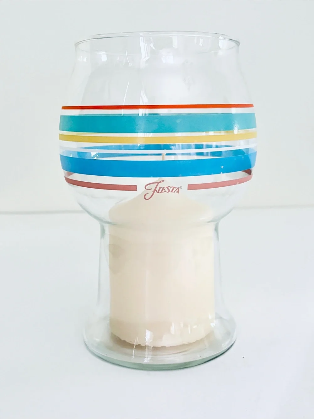 Vintage Fiesta Glass Floating Pillar Holder Hurricane Lamp Striped Original Box